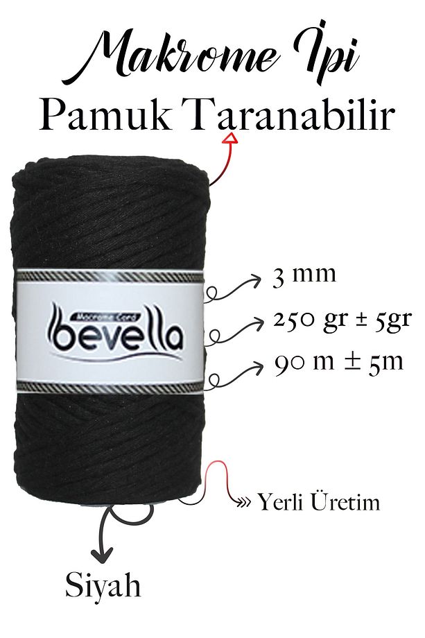 Taranan Makrome Ipi 3mm Taranabilir Pamuk Tek Büküm Makrome Ipi Siyah - 2
