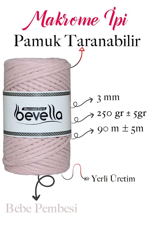 Taranan Makrome Ipi 3mm Taranabilir Pamuk Tek Büküm Makrome Ipi Bebe Pembesi Pudra - 2