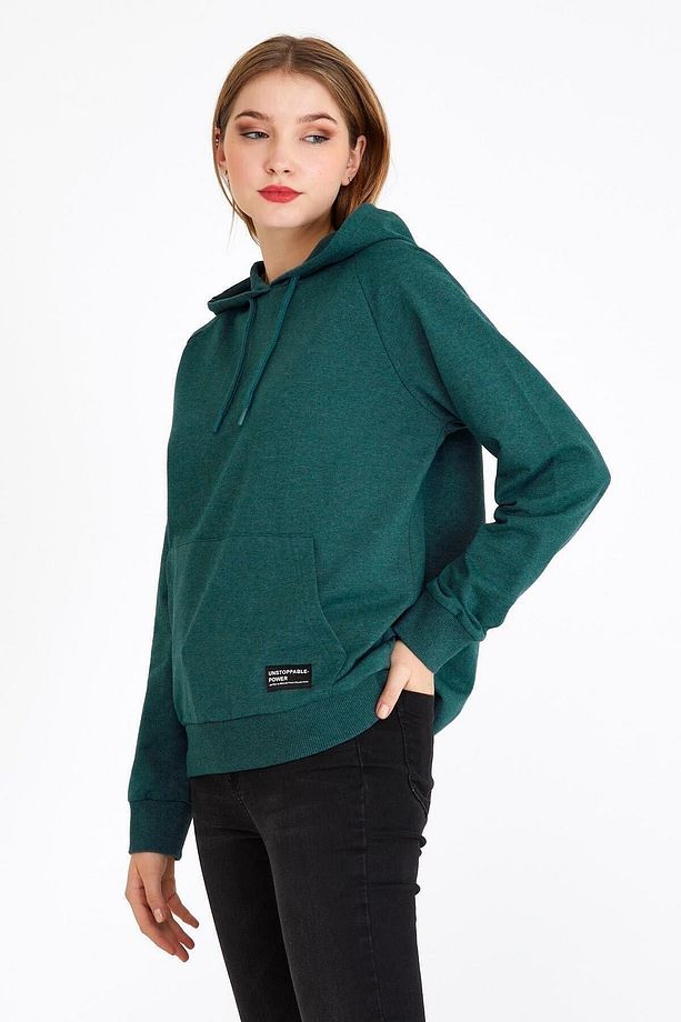 Kadın Yeşil Kapüşonlu Basic Örme Sweatshirt - 2