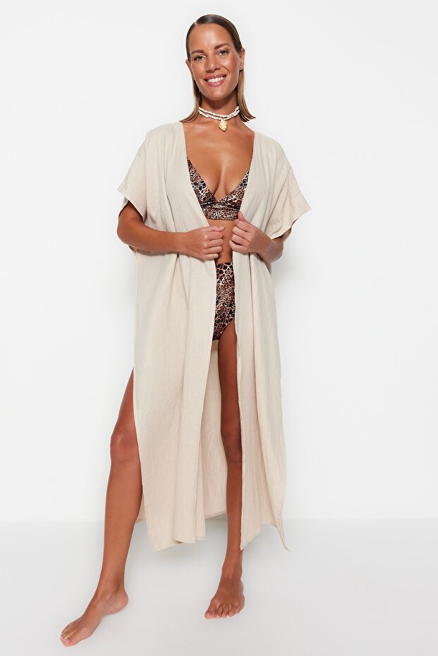 Bej Dokuma Yırtmaçlı Maxi Plaj Kuşaklı Kimono&Kaftan TBESS23KM00019 - 3