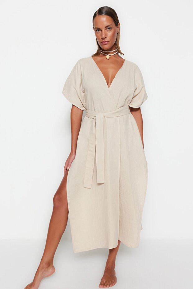 Bej Dokuma Yırtmaçlı Maxi Plaj Kuşaklı Kimono&Kaftan TBESS23KM00019 - 2