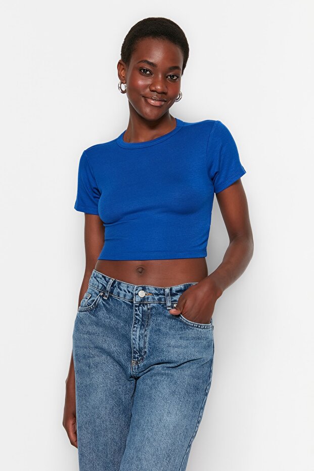 Saks-Ekru Saks Çizgili 2'li Paket Viskoz/Yumuşak Kumaş Crop Esnek Örme Bluz TWOSS23BZ00194 - 2