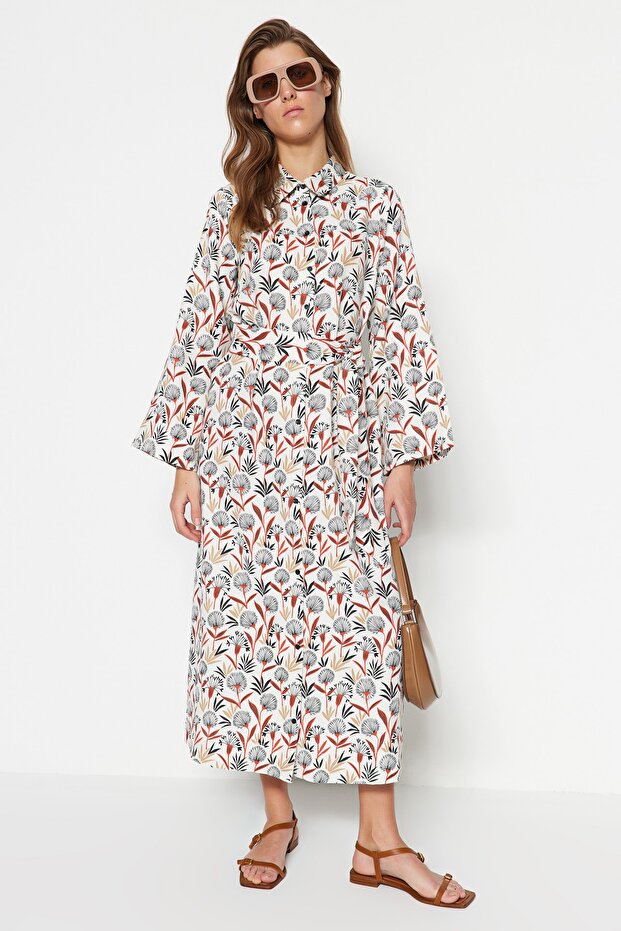 Různobarevné vzorované košilové šaty z tkaného plátna TCTSS23EB00287 - 1