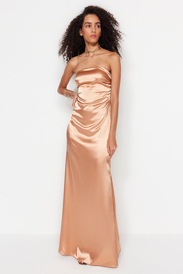 Dlouhé večerní tkané saténové šaty Losos TPRSS23AE00079 - 2