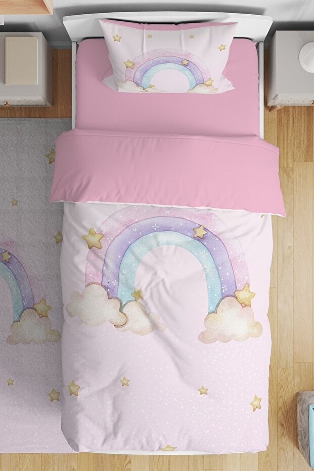 Powder Pink Rainbow Patterned Single Baby Kids Bedding Set