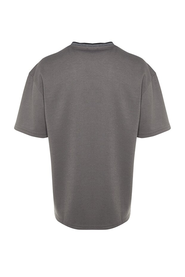 Antrasit Oversize/Geniş Kesim Triko Bantlı Dokulu Pike T-Shirt TMNSS23TS00079 - 8