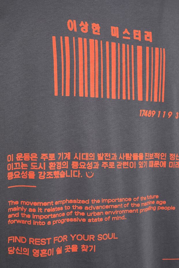 Antrasit Oversize/Geniş Kesim Kısa Kol Uzakdoğu Baskılı %100 Pamuklu T-Shirt TMNSS23TS00159 - 4