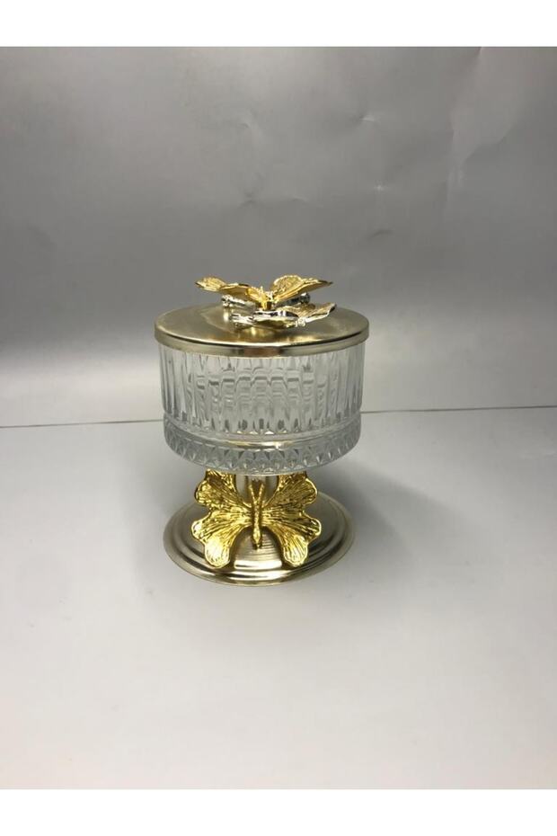 Stylishly Designed Elysıa Glass Sugar Bowl, Snack Bowl, Turkish Delight Bowl, Presentation Bowl with Silver Footed and Butterfly Lid