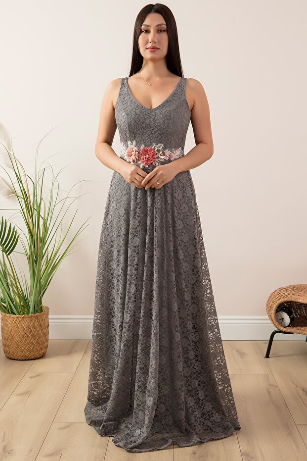 Varna 13102 Beli Çiçekli Dantel Elbise - 1