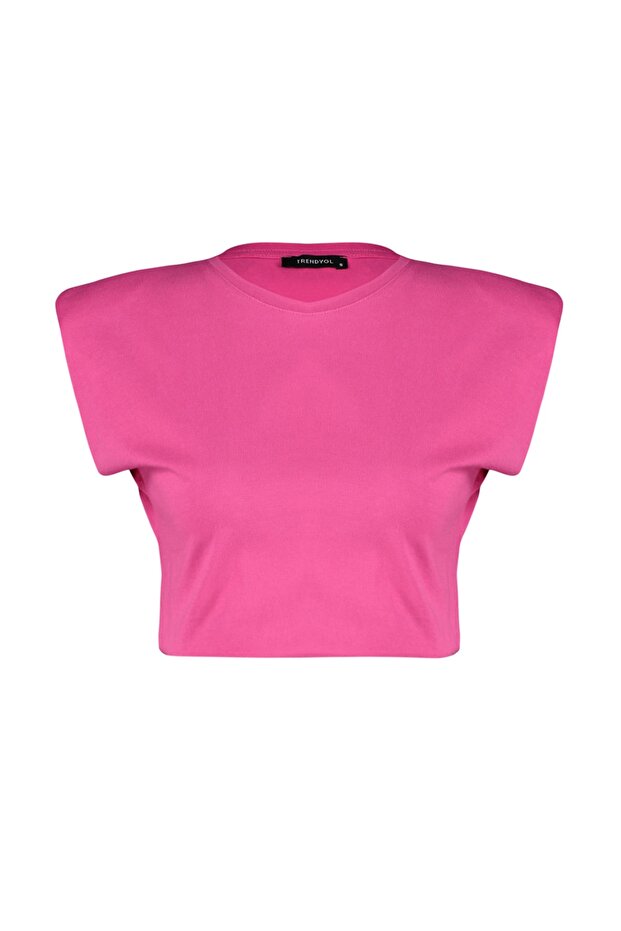 Fuşya %100 Pamuk Vatkalı Crop Bisiklet Yaka Örme T-Shirt TWOSS21TS0379 - 7