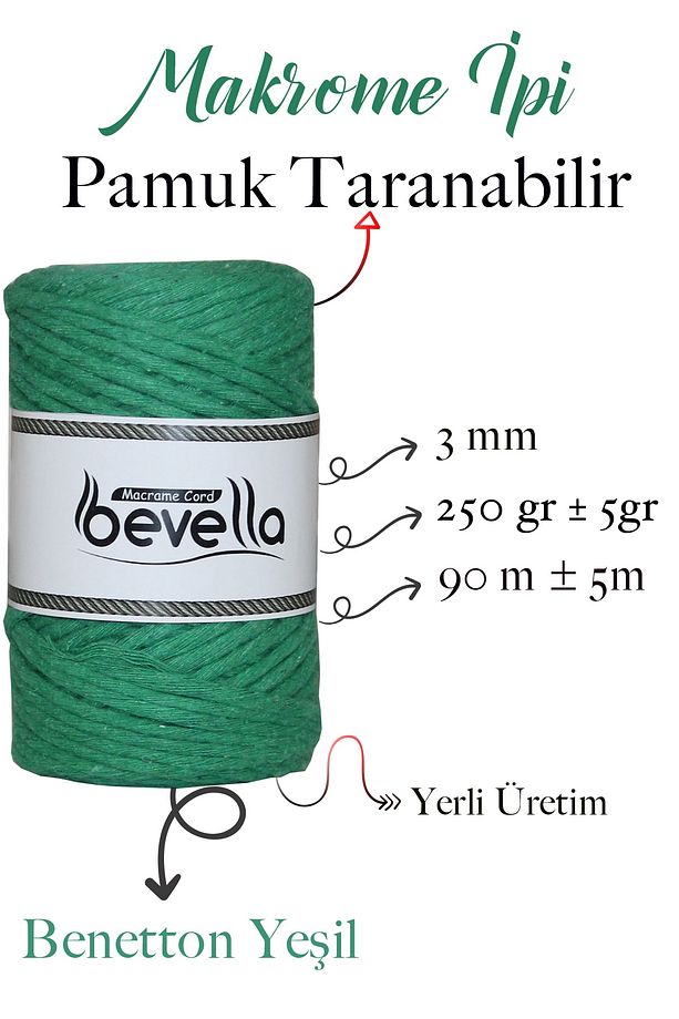 Taranan Makrome Ipi 3mm Tek Büküm Taranabilir Pamuk Makrome Ipi Benetton Yeşil - 2