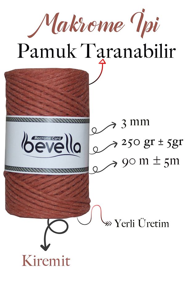 Taranan Makrome Ipi 3mm Taranabilir Pamuk Tek Büküm Makrome Ipi Kiremit - 2