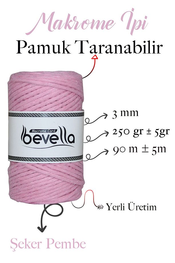Taranan Makrome Ipi 3mm Tek Büküm Taranabilir Pamuk Makrome Ipi Şeker Pembe - 2