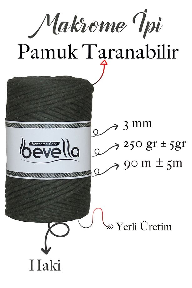 Taranan Makrome Ipi 3mm Taranabilir Pamuk Tek Büküm Makrome Ipi Haki - 2
