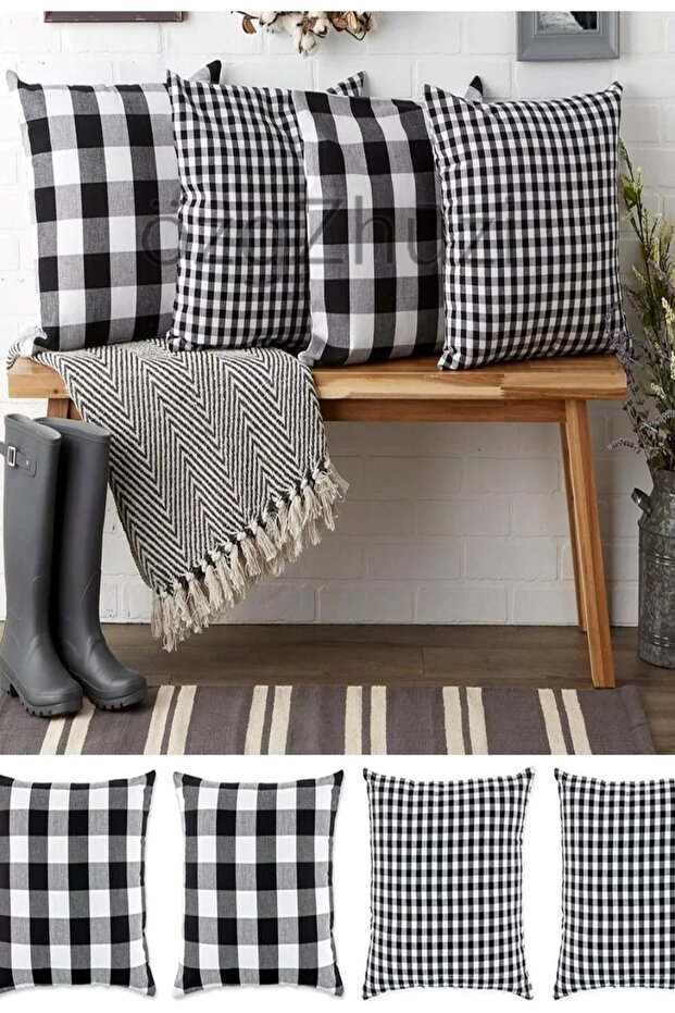 Plaid 4-Piece Compatible Set 40x40 Pillow Case Black