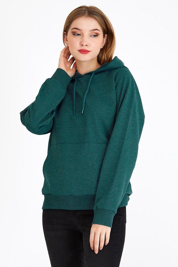 Kadın Yeşil Kapüşonlu Basic Örme Sweatshirt - 4