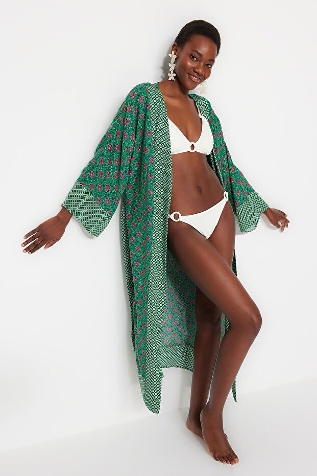Etnik Desenli Dokuma Maxi Plaj Kuşaklı Kimono&Kaftan TBESS21KM0171 - 1