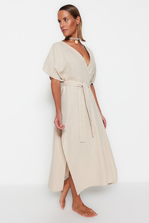 Bej Dokuma Yırtmaçlı Maxi Plaj Kuşaklı Kimono&Kaftan TBESS23KM00019 - 4