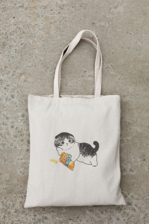 Cat Eating Chips Printed Cloth Bag