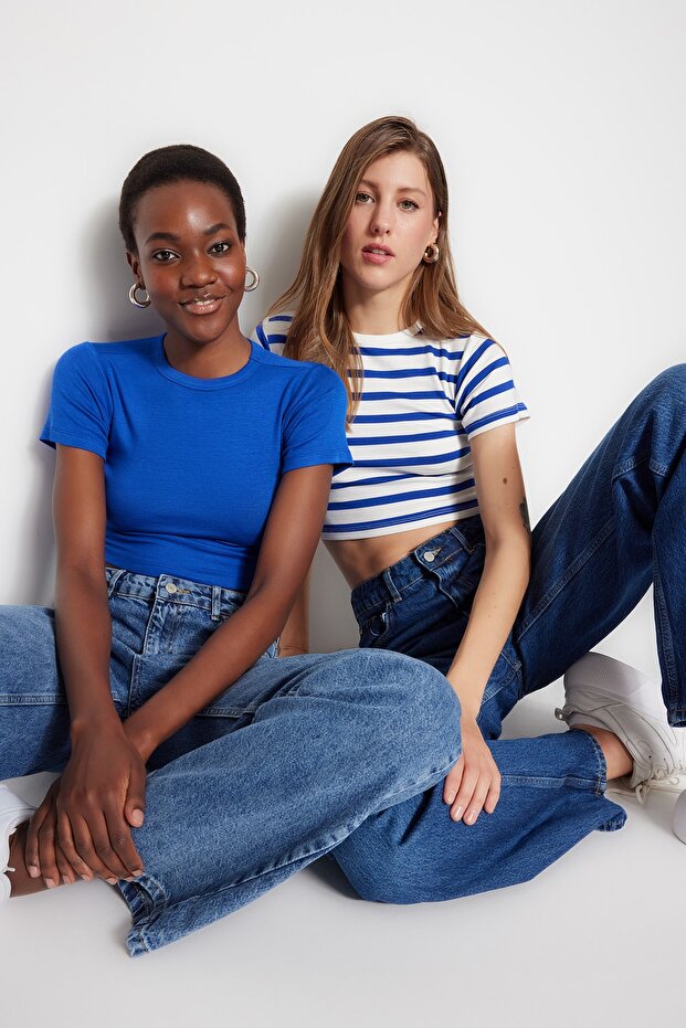 Saks-Ekru Saks Çizgili 2'li Paket Viskoz/Yumuşak Kumaş Crop Esnek Örme Bluz TWOSS23BZ00194 - 1