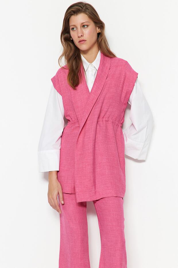 Fuşya İçten Bağlamalı Keten Görünümlü Kimono-Pantolon Dokuma Takım TCTSS23US00061 - 2