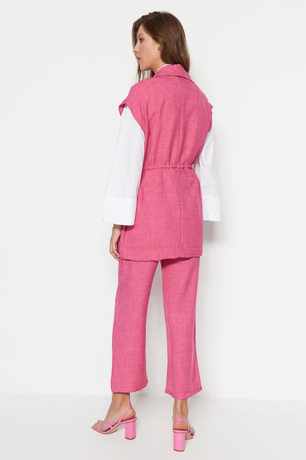 Fuşya İçten Bağlamalı Keten Görünümlü Kimono-Pantolon Dokuma Takım TCTSS23US00061 - 6