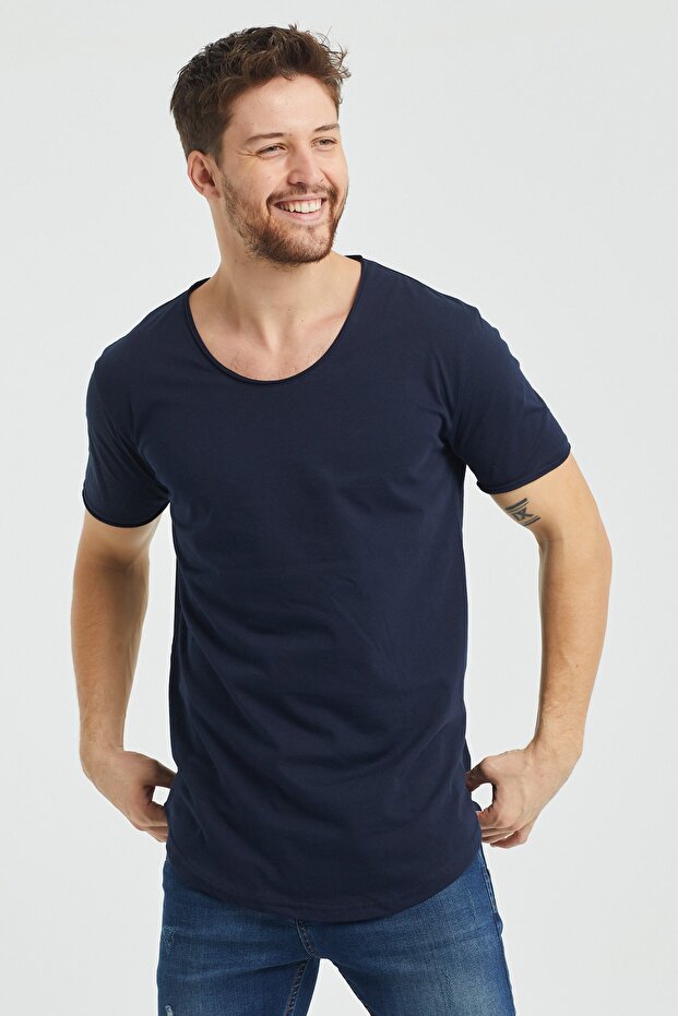 Men's Dark Navy Blue Oval Skirt Wide Collar 100% Cotton Short Sleeve T-Shirt