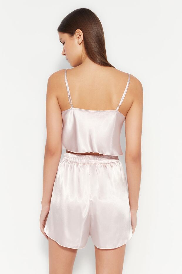 Pudra Saten İp Askılı Şortlu Dokuma Pijama Takımı THMSS23PT00097 - 7