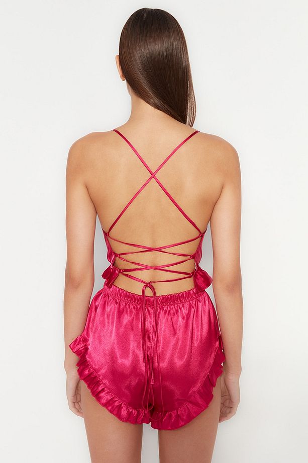 Fuşya Fırfırlı ve Sırt İp Askılı Saten Şortlu Dokuma Pijama Takımı THMSS23PT00048 - 7