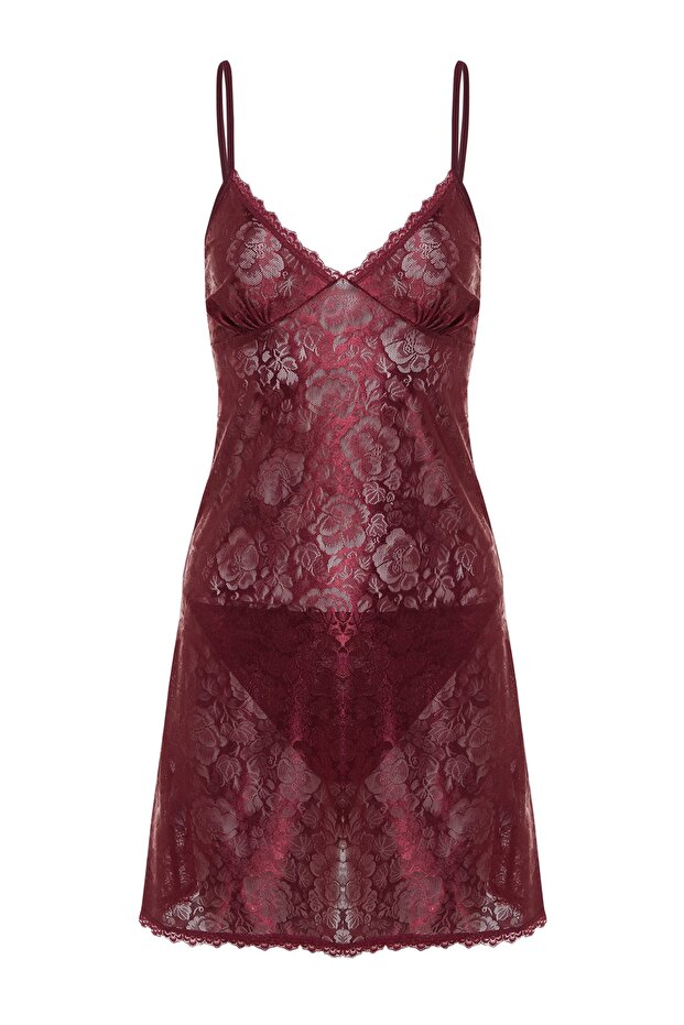 Bordo Dantelli Külotlu İp Askılı Örme Babydoll/Fantezi Gecelik THMAW21LL0002 - 6