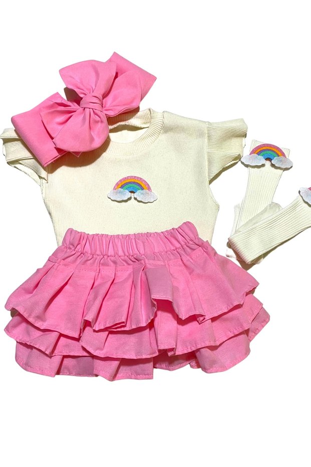 Popular Baby Girl Pink Ruffle Skirt with Shorts, Tank Top, Knee Length Socks and Bow Headband Set