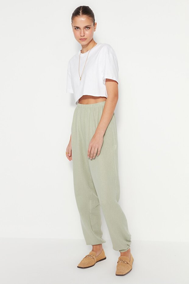 Haki Jogger Dokuma Muslin Dokuma Pantolon TWOSS23PL00148 - 3