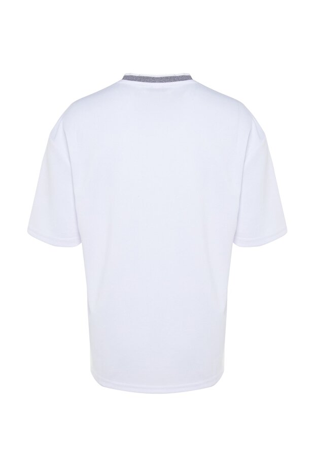 Basic Beyaz Relaxed/Rahat Kesim Triko Bant Dokulu Pike T-Shirt TMNSS23TS00079 - 8