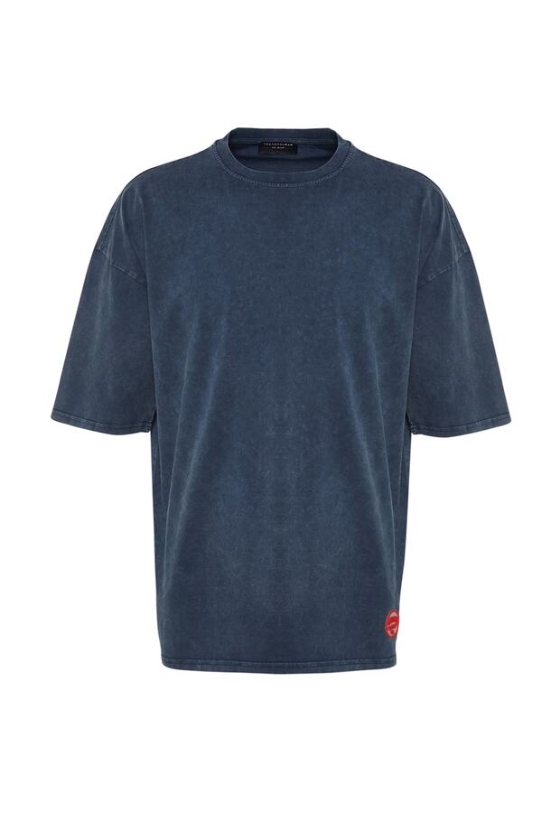 Indigo Oversize/Geniş Kesim Soluk %100 Pamuk T-Shirt TMNSS23TS00153 - 8