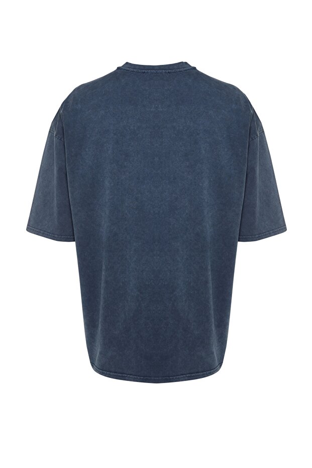 Indigo Oversize/Geniş Kesim Soluk %100 Pamuk T-Shirt TMNSS23TS00153 - 9
