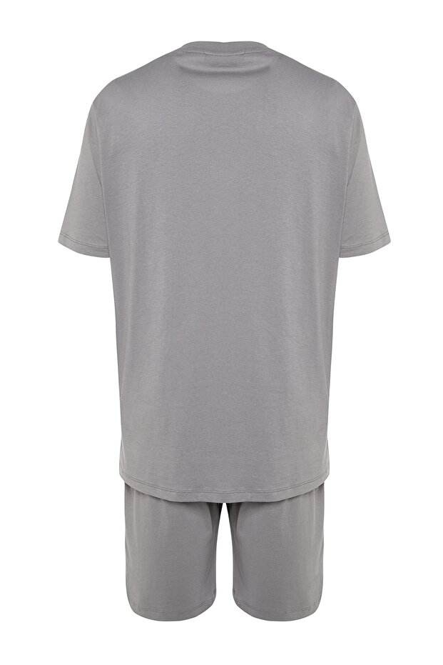 Gri Regular Fit Bisiklet Yaka Baskılı Şortlu Pijama Takımı TMNSS23PT00017 - 9