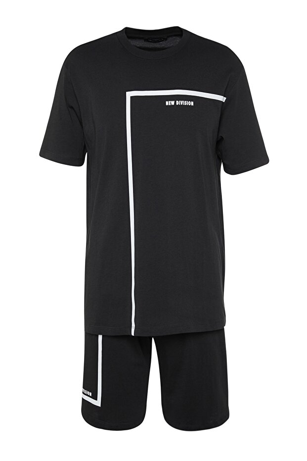 Siyah Regular Fit Bisiklet Yaka Baskılı Şortlu Pijama Takımı TMNSS23PT00017 - 8
