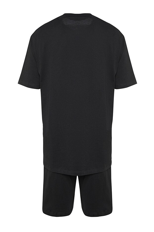 Siyah Regular Fit Bisiklet Yaka Baskılı Şortlu Pijama Takımı TMNSS23PT00017 - 9