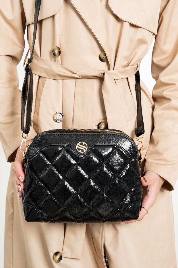 Sn 1267 Quilted Women's Shoulder Bag Wrinkled-patent black