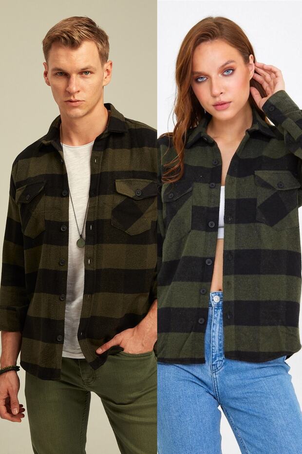 Unisex Khaki Double Pocket Flap Lumberjack Shirt - single price