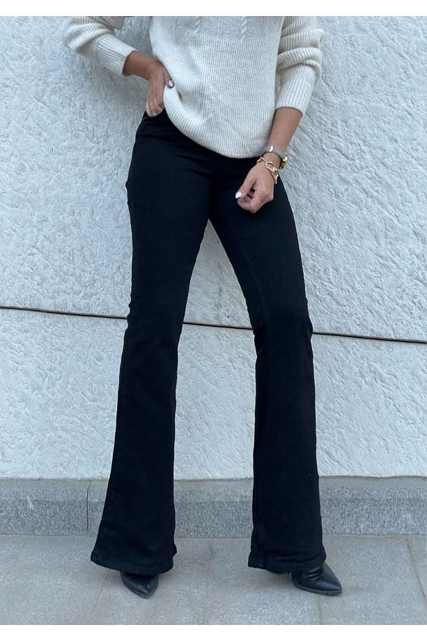 Yüksek Bel Siyah İspanyol Paça Jeans Likralı Esnek Kot Pantolon - 1