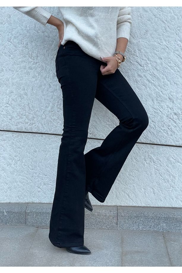 Yüksek Bel Siyah İspanyol Paça Jeans Likralı Esnek Kot Pantolon - 2