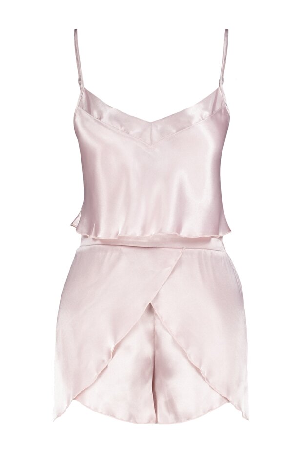 Pudra Saten İp Askılı Şortlu Dokuma Pijama Takımı THMSS23PT00097 - 8