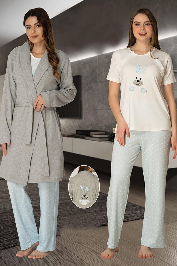 Effort Blue Polka Dot Short Sleeve Maternity Maternity Pajamas Set with Dressing Gown