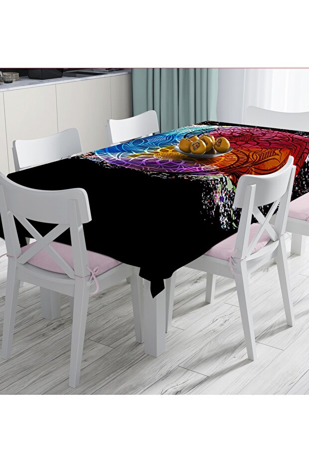 Colorful Far East Balance Icon Digital Printed Tablecloth on Black Background
