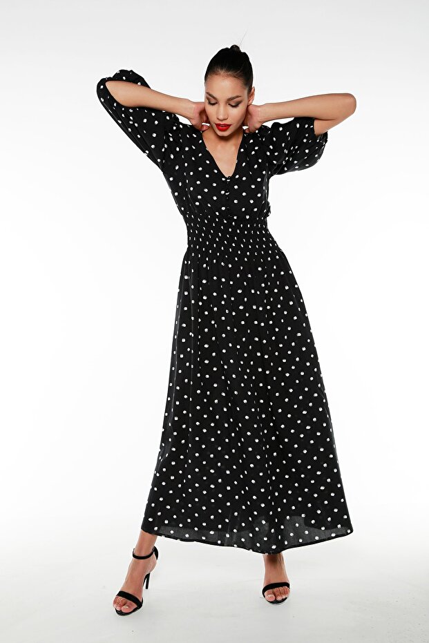 Balloon Sleeves, Gipeli Waist, V-Neck, Black Polka Dot Long Dress