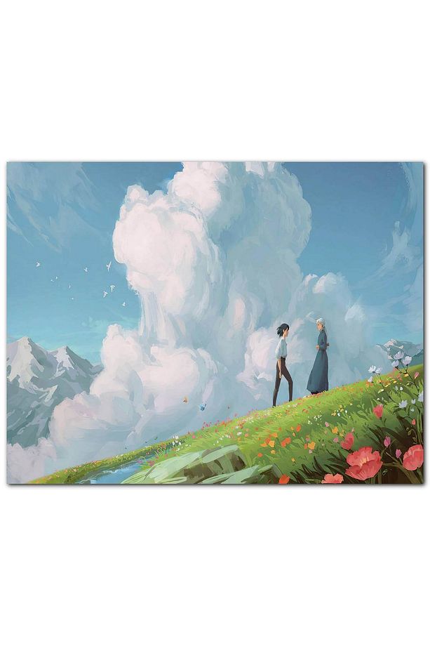 Ahşap Tablo Howls Moving Castle Aşıklar Çiçekler Bulut Görseli (35x50 Cm Boyut) - 1