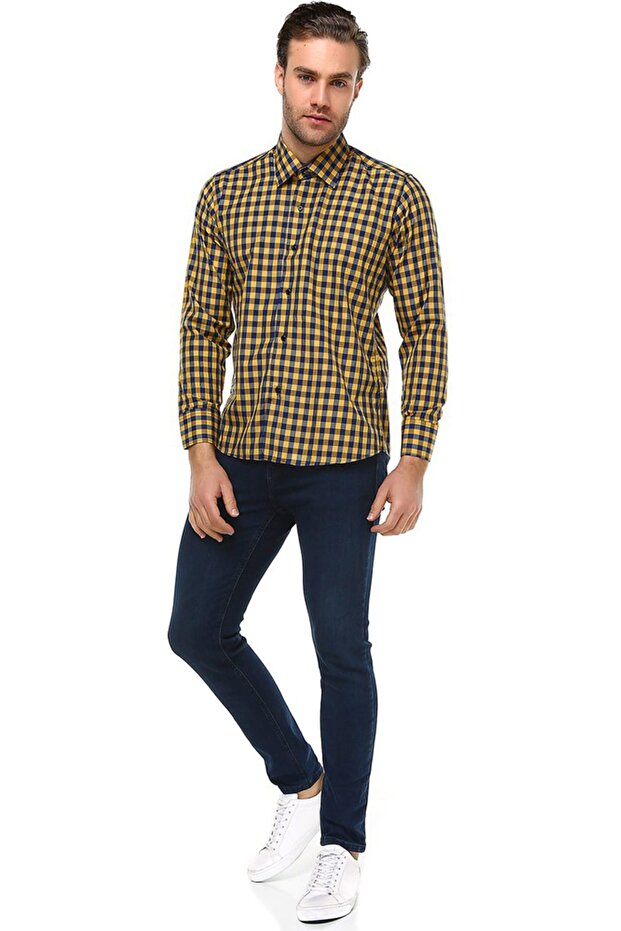 Men's Navy Blue Checkered Slim Fit Pocketless Long Sleeve Shirt