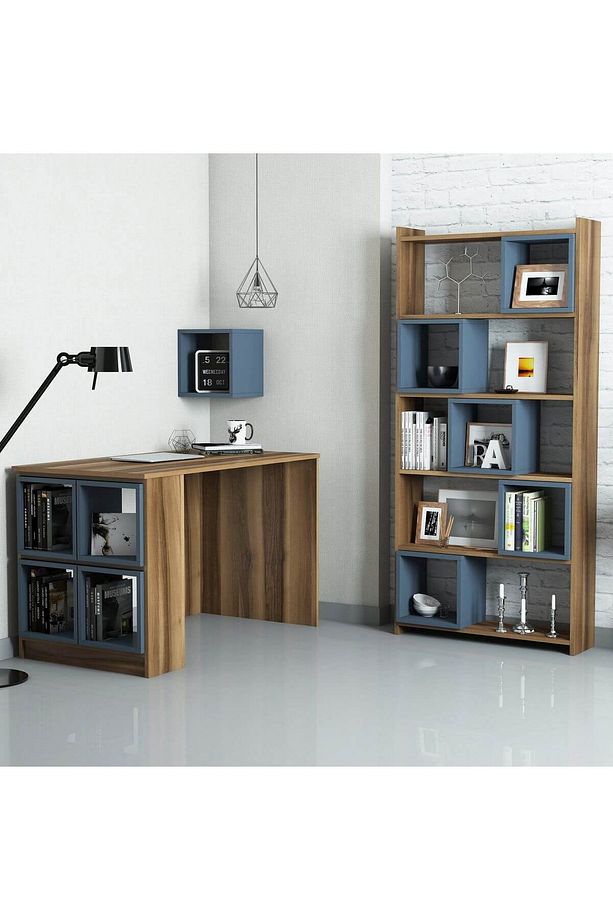 Box Çalışma Masası Ve Kitaplık Takımı - Ceviz / Mavi - 1