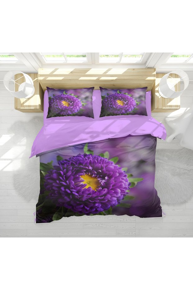 Dahlia Purple Flower Themed 3D Digital Printed Double Duvet Cover Set